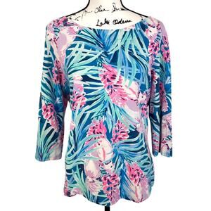 Lilly Pulitzer Waverly Top Mr Peacock Blue Tweethearts Womens XL 3/4 Sleeve